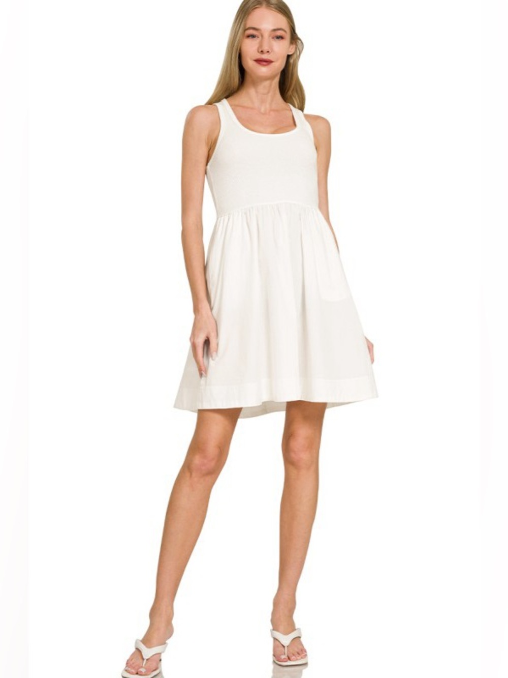 Zenana Knit & Woven Mini Dress with Pockets – White